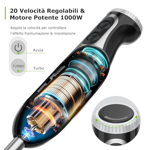 Bonsenkitchen Frullatore a Immersione Multifunzione 4 in 1, Minipimer in Acciaio Inox, 1000 W, 20 Velocità Regolabili, con Frusta, Tritatutto da 500 ml e Misurino da 700 ml, HB3203 - Prova pratica