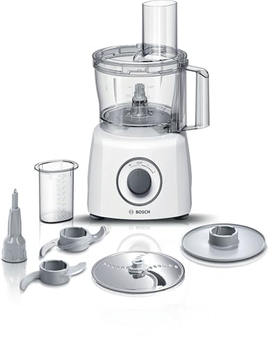 Bosch Robot da Cucina Multifunzione Compatto MCM3100W, Oltre 20 Funzioni, 800 W, 2 Velocità, Ciotola 2,3 l, Tanti Accessori Inclusi per Affettare, Tagliare, Grattugiare, Impastare e Montare, Bianco - Design e materiali