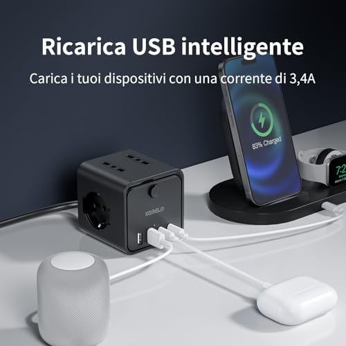 Ciabatta Elettrica Multipresa con 4 Prese Universali 10/16A ITA e Schuko, 2 M Prolunga Elettrica con 2 USB A+2 USB C,Presa Multipla Spina Piatta Salvaspazio con Interruttori per Casa, Ufficio Nero - Funzionalità e accessori