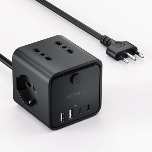 Ciabatta Elettrica Multipresa con 4 Prese Universali 10/16A ITA e Schuko, 2 M Prolunga Elettrica con 2 USB A+2 USB C,Presa Multipla Spina Piatta Salvaspazio con Interruttori per Casa, Ufficio Nero - Design e materiali