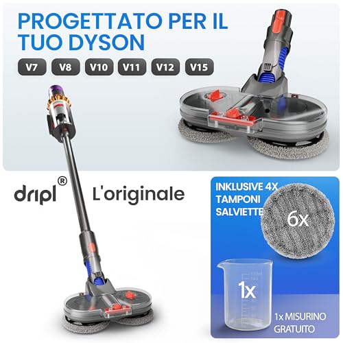 Dripl Testa di Mocio Elettrico per Dyson V7/V8/V10/V11/V15/Gen5 Aspirapolvere con serbatoio d'acqua removibile, 6 spazzole lavapavimenti e contenitore di riempimento (V7/V8/V10/V11/V15/Gen5) - Prova pratica
