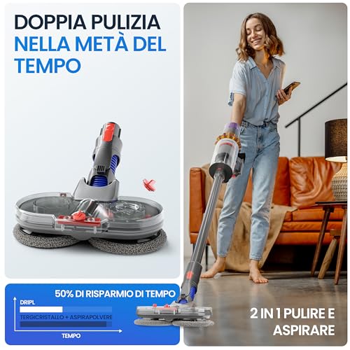 Dripl Testa di Mocio Elettrico per Dyson V7/V8/V10/V11/V15/Gen5 Aspirapolvere con serbatoio d'acqua removibile, 6 spazzole lavapavimenti e contenitore di riempimento (V7/V8/V10/V11/V15/Gen5) - Funzionalità e accessori