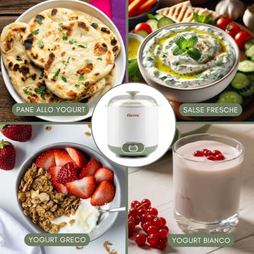 Girmi YG02, Yogurtiera Elettrica con Accessori per Yogurt Greco, Capacità Totale 1,5 litri, 2 Contenitori per utilizzo continuo, Coperchio trasparente con maniglia, Bianco/Verde - Funzionalità e accessori