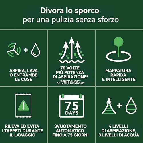 iRobot Roomba 105 Combo + Stazione Autosvuotamento, Robot Aspirapolvere Lavapavimenti, Navigazione ClearView LiDAR, Rileva Tappeti/Moquette, Pulizia Mirata, Controllo tramite App, Bianco - Funzionalità e accessori