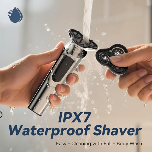 Rasoio elettrico da uomo, IPX7, impermeabile, rasatura asciutta e bagnata, rasatura con 3D testine rotanti, rasoio da uomo a secco e bagnato con trimmer pieghevole - Funzionalità e accessori