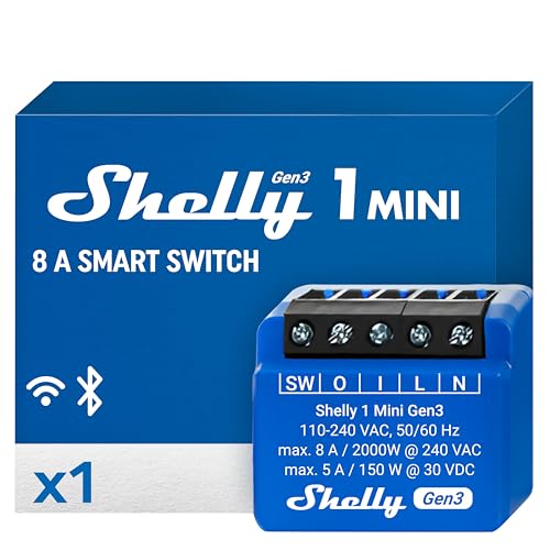 Shelly 1 Mini Gen3, Relè Intelligente WiFi e Bluetooth, 1 Canale, 8A, Domotica, Contatti Puliti, Controllo Remoto Luci, Dimensioni Compatte, Alexa e Google Home, iOS e Android, Nessun Hub Necessario - Design e materiali
