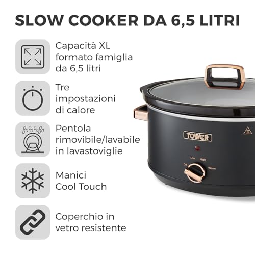 Tower T16043BLK Slow Cooker Cavaletto da 6,5 Litri con 3 Impostazioni di Calore, Manici Cool Touch, Elettrodomestici Cucina, Nero e Oro Rosa - Prova pratica