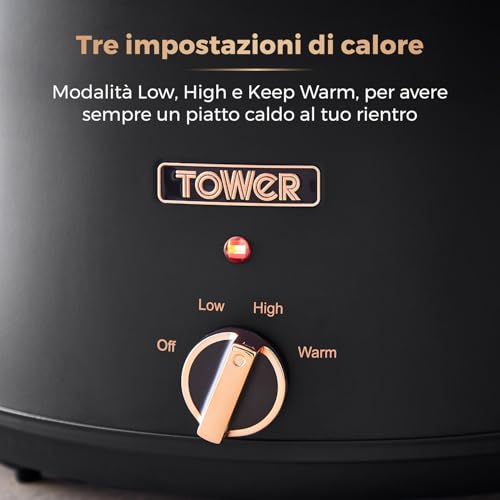 Tower T16043BLK Slow Cooker Cavaletto da 6,5 Litri con 3 Impostazioni di Calore, Manici Cool Touch, Elettrodomestici Cucina, Nero e Oro Rosa - Dettaglio recensione 4