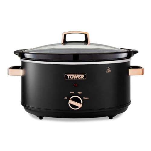 Tower T16043BLK Slow Cooker Cavaletto da 6,5 Litri con 3 Impostazioni di Calore, Manici Cool Touch, Elettrodomestici Cucina, Nero e Oro Rosa - Design e materiali