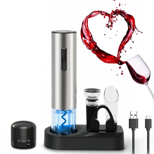 ZOYIDOUX Set regalo Cavatappi elettrici ricaricabile 7 in 1 inox,Apribottiglie elettrici con base,Versatore,Tappo in silicone per vuoto,Tagliapasta stagnola,Tappo per vino,Regalo amanti del vino - Design e materiali